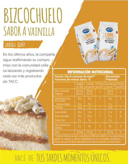 Tabla nutricional - Bizcochuelo Vainilla Arcor SIN TACC