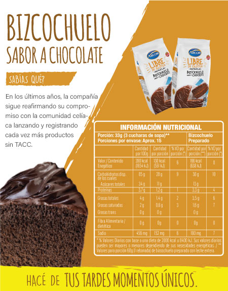 Tabla nutricional - Bizcochuelo Arcor Chocolate SIN TACC