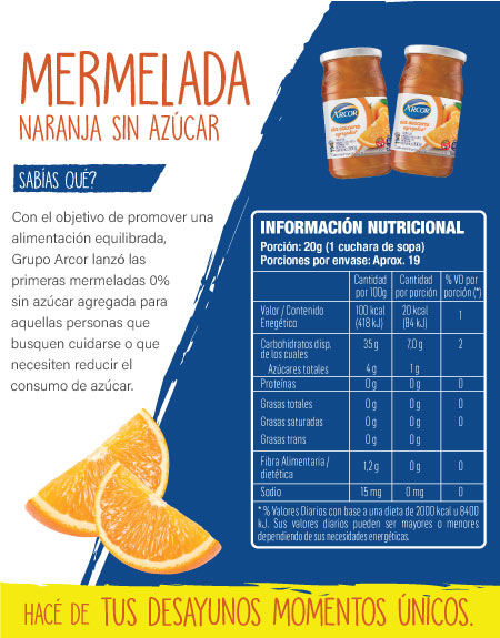 Tabla nutricional - Mermelada Arcor Sin Azucar Naranja